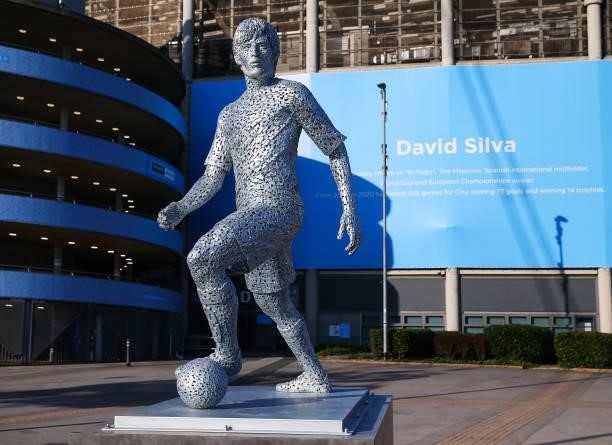 General view of the David Silva statue outside the Etihad Stadium prior to the Premier League match between Manchester City and Arsenal at Etihad...