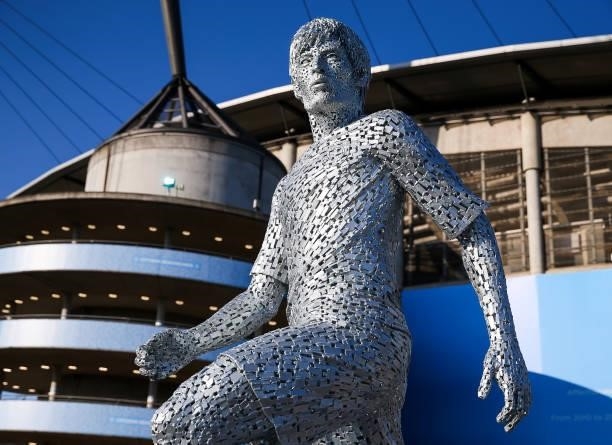 General view of the David Silva statue outside the Etihad Stadium prior to the Premier League match between Manchester City and Arsenal at Etihad...