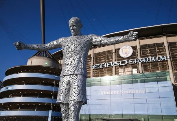 General view of the Vincent Kompany statue outside the Etihad Stadium prior to the Premier League match between Manchester City and Arsenal at Etihad...