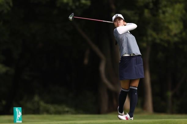 Kotone Hori of Japan hits her tee shot on the 3rd hole during the third round of the Nitori Ladies at Otaru Country Club on August 28, 2021 in Otaru,...