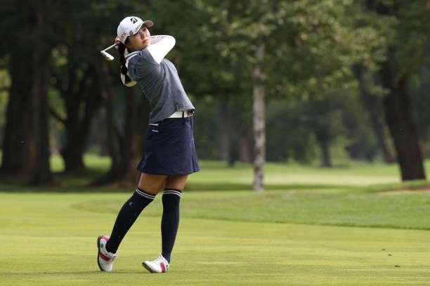 Kotone Hori of Japan hits her second shot on the 3rd hole during the third round of the Nitori Ladies at Otaru Country Club on August 28, 2021 in...