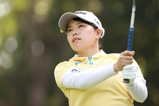 Minami Katsu of Japan hits her tee shot on the 9th hole during the third round of the Nitori Ladies at Otaru Country Club on August 28, 2021 in...