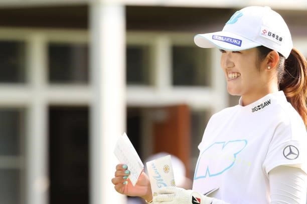 Mone Inami of Japan smiles during the third round of the Nitori Ladies at Otaru Country Club on August 28, 2021 in Otaru, Hokkaido, Japan.