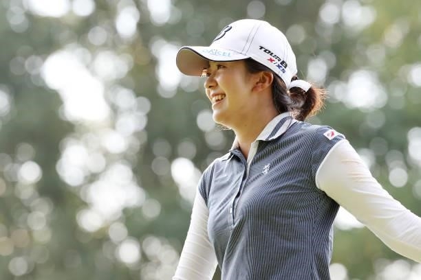 Kotone Hori of Japan smiles after making her birdie putt on the 18th hole during the third round of the Nitori Ladies at Otaru Country Club on August...