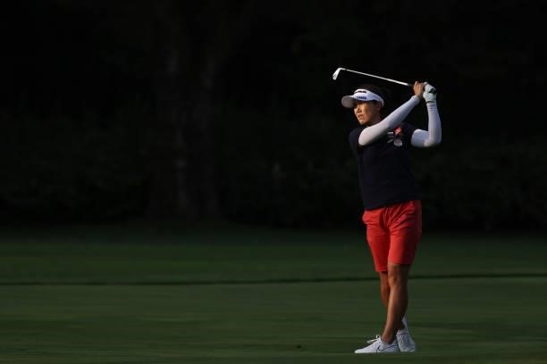 Mi-Jeong Jeon of South Korea hits her second shot on the 16th hole during the third round of the Nitori Ladies at Otaru Country Club on August 28,...