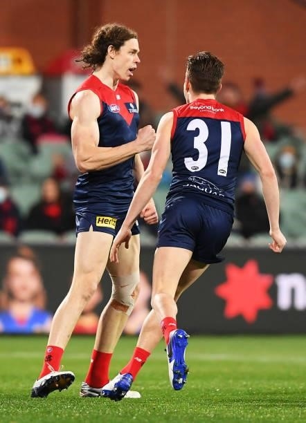 Ben Brown of the Demons celebrates a goal with Bayley Frisch of the Demons during the AFL First Qualifying Final match between Melbourne Demons and...