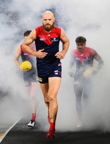Max Gawn of the Demons leads his tream out during the AFL First Qualifying Final match between Melbourne Demons and Brisbane Lions at Adelaide Oval...