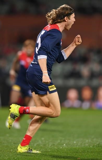 Ed Langdon of the Demons celebrates a goal during the AFL First Qualifying Final match between Melbourne Demons and Brisbane Lions at Adelaide Oval...