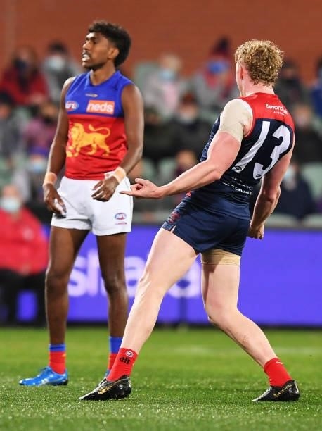 Clayton Oliver of the Demons celebrates a goal during the AFL First Qualifying Final match between Melbourne Demons and Brisbane Lions at Adelaide...