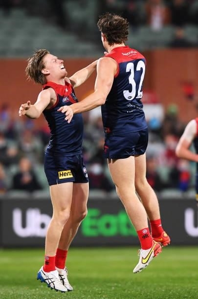 Tom Sparrow of the Demons celebrates a goal with Charlie Spargo of the Demons during the AFL First Qualifying Final match between Melbourne Demons...