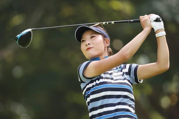 Karen Tsuruoka of Japan hits her tee shot on the 9th hole during the third round of the Nitori Ladies at Otaru Country Club on August 28, 2021 in...