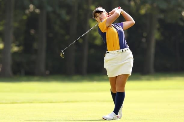 Miyu Yamashita of Japan hits her second shot on the 9th hole during the third round of the Nitori Ladies at Otaru Country Club on August 28, 2021 in...