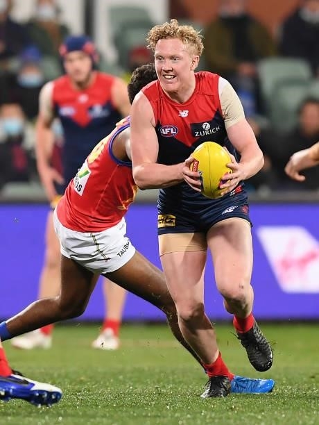 Clayton Oliver of the Demons during the AFL First Qualifying Final match between Melbourne Demons and Brisbane Lions at Adelaide Oval on August 28,...