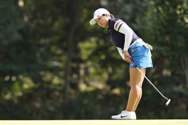 Miyu Abe of Japan putts on the 8th hole during the third round of the Nitori Ladies at Otaru Country Club on August 28, 2021 in Otaru, Hokkaido,...