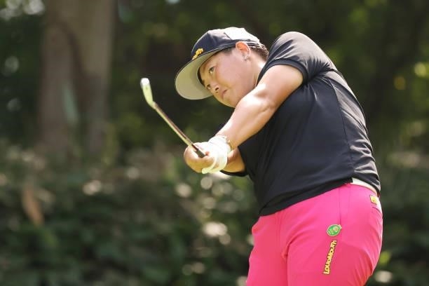 Haruka Kudo of Japan hits her tee shot on the 9th hole during the third round of the Nitori Ladies at Otaru Country Club on August 28, 2021 in Otaru,...