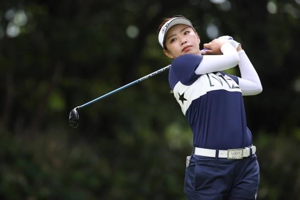 Maria Shinohara of Japan hits her tee shot on the 7th hole during the third round of the Nitori Ladies at Otaru Country Club on August 28, 2021 in...