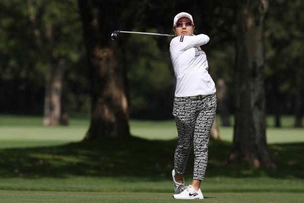 Mika Miyazato of Japan hits her second shot on the 6th hole during the third round of the Nitori Ladies at Otaru Country Club on August 28, 2021 in...
