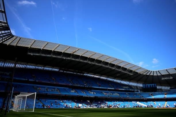 General view of the stadium ahead of the Premier League match between Manchester City and Arsenal at Etihad Stadium on August 28, 2021 in Manchester,...