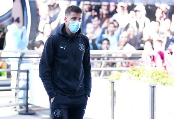 Ruben Dias of Manchester City arrives at the stadium prior to the Premier League match between Manchester City and Arsenal at Etihad Stadium on...