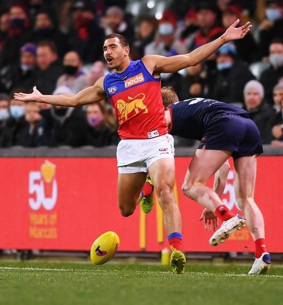 Nakia Cockatoo of the Lions calls for deliberate during the AFL First Qualifying Final match between Melbourne Demons and Brisbane Lions at Adelaide...
