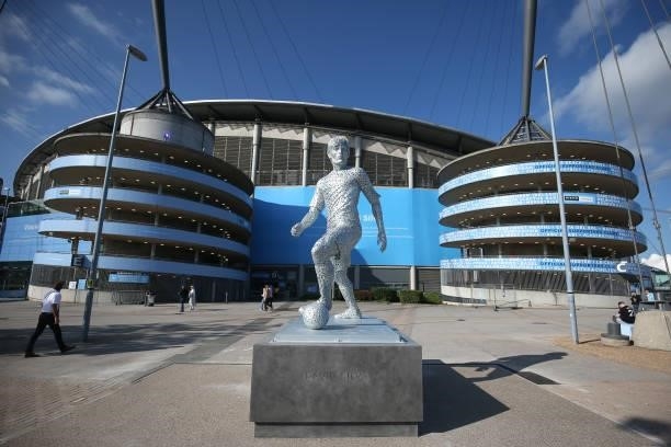 Statue of David Silva of Manchester City is seen outside the stadium prior to the Premier League match between Manchester City and Arsenal at Etihad...