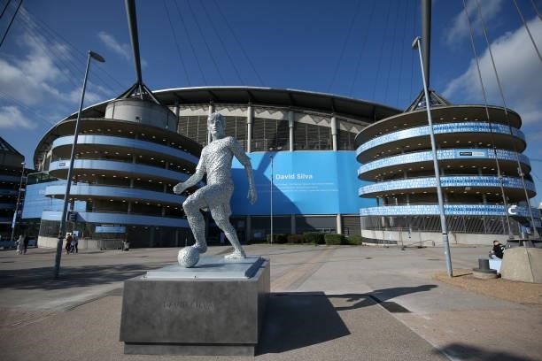 Statue of David Silva of Manchester City is seen outside the stadium prior to the Premier League match between Manchester City and Arsenal at Etihad...