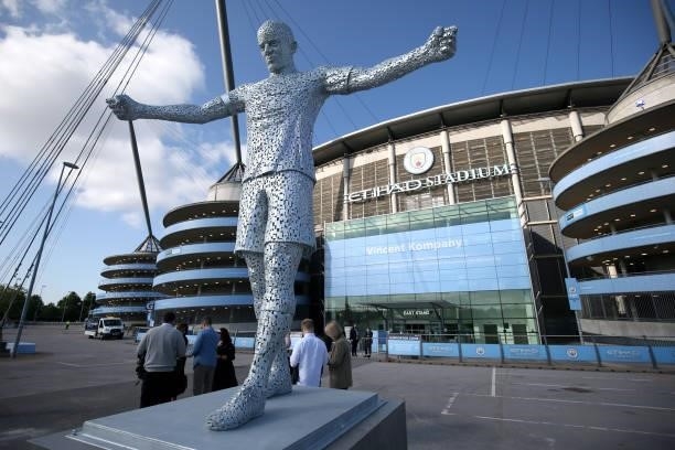 Statue of Vincent Kompany of Manchester City is seen outside the stadium prior to the Premier League match between Manchester City and Arsenal at...