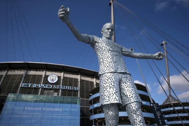 Statue of Vincent Kompany of Manchester City is seen outside the stadium prior to the Premier League match between Manchester City and Arsenal at...