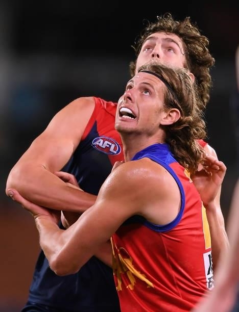 Luke Jackson of the Demons rucks against Tom Fullarton of the Lions during the AFL First Qualifying Final match between Melbourne Demons and Brisbane...