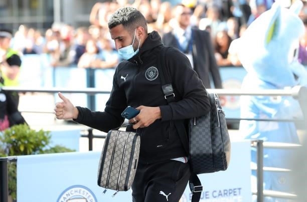 Riyad Mahrez of Manchester City am prior to the Premier League match between Manchester City and Arsenal at Etihad Stadium on August 28, 2021 in...