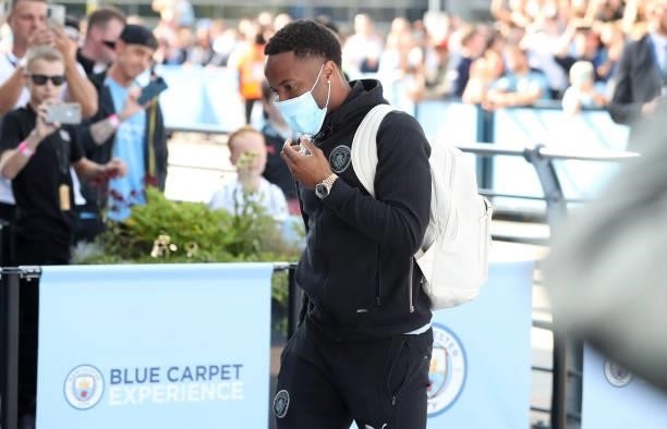 Raheem Sterling of Manchester City arrives at the stadium prior to the Premier League match between Manchester City and Arsenal at Etihad Stadium on...