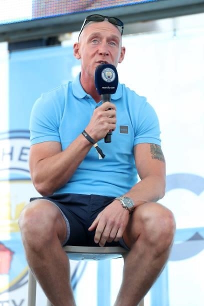 Boxer Anthony Phythian is interviewed prior to the Premier League match between Manchester City and Arsenal at Etihad Stadium on August 28, 2021 in...