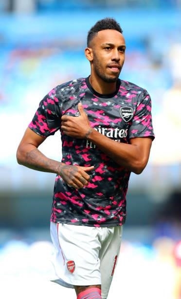 Pierre-Emerick Aubameyang of Arsenal warms up ahead of the Premier League match between Manchester City and Arsenal at Etihad Stadium on August 28,...