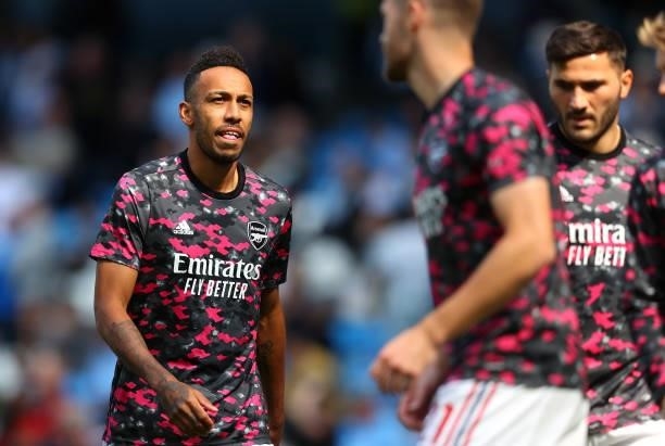 Pierre-Emerick Aubameyang of Arsenal looks on during the warm up prior to the Premier League match between Manchester City and Arsenal at Etihad...