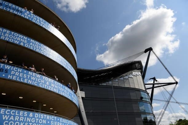 General view outside the stadium prior to the Premier League match between Manchester City and Arsenal at Etihad Stadium on August 28, 2021 in...