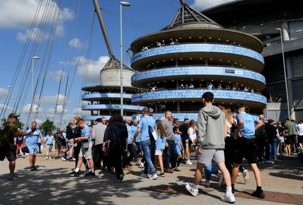 General view outside the stadium as fans arrive prior to the Premier League match between Manchester City and Arsenal at Etihad Stadium on August 28,...