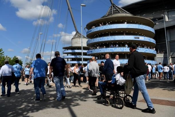 General view outside the stadium as fans arrive prior to the Premier League match between Manchester City and Arsenal at Etihad Stadium on August 28,...