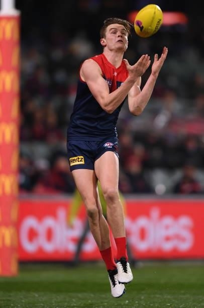 Bayley Frisch of the Demons marks during the AFL First Qualifying Final match between Melbourne Demons and Brisbane Lions at Adelaide Oval on August...