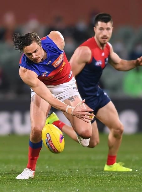 Joe Daniher of the Lions attempts to mark during the AFL First Qualifying Final match between Melbourne Demons and Brisbane Lions at Adelaide Oval on...