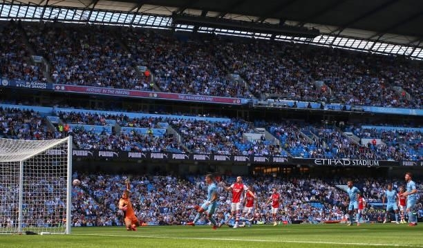 General view of Etihad Stadium is seen as Ferran Torres of Manchester City scores their second goal during the Premier League match between...