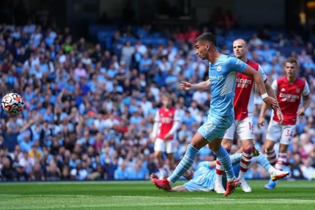 Ferran Torres of Manchester City scores his team's second goal during the Premier League match between Manchester City and Arsenal at Etihad Stadium...