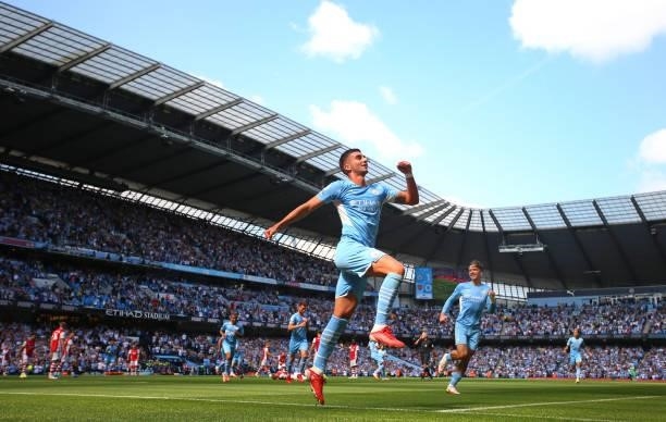 Ferran Torres of Manchester City celebrates after scoring their second goal during the Premier League match between Manchester City and Arsenal at...