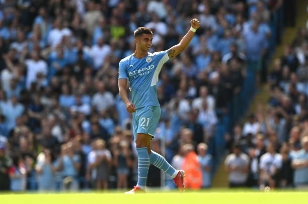 Ferran Torres of Manchester City celebrates after scoring his team's second goal during the Premier League match between Manchester City and Arsenal...