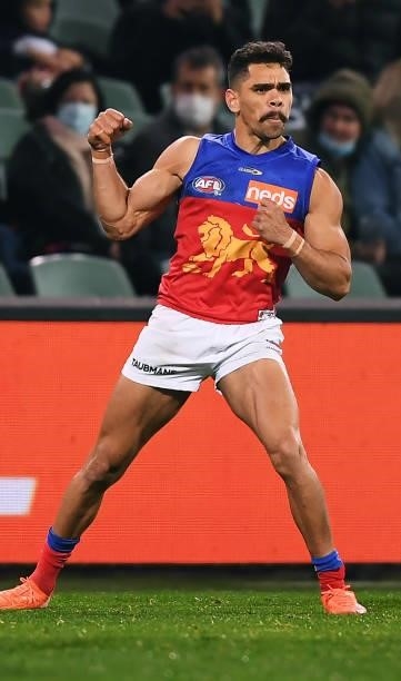 Charlie Cameron of the Lions celebrates a goal during the AFL First Qualifying Final match between Melbourne Demons and Brisbane Lions at Adelaide...