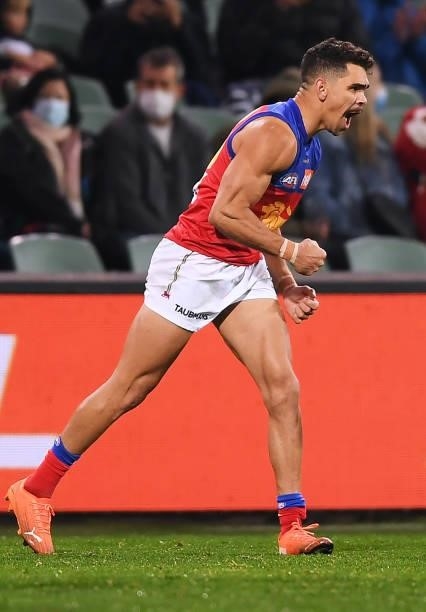 Charlie Cameron of the Lions celebrates a goal during the AFL First Qualifying Final match between Melbourne Demons and Brisbane Lions at Adelaide...