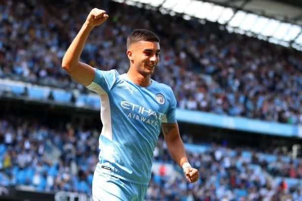 Ferran Torres of Manchester City celebrates after scoring their sides second goal during the Premier League match between Manchester City and Arsenal...