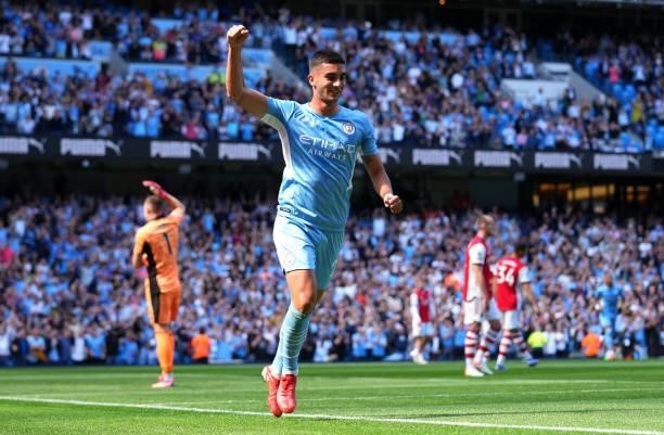 Ferran Torres of Manchester City celebrates after scoring their sides second goal during the Premier League match between Manchester City and Arsenal...