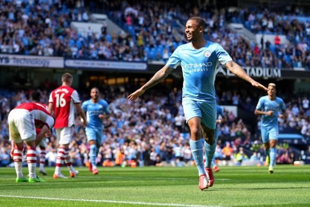 Gabriel Jesus of Manchester City celebrates after scoring their sides third goal during the Premier League match between Manchester City and Arsenal...