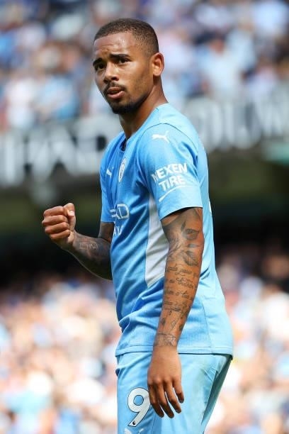 Gabriel Jesus of Manchester City celebrates after scoring his team's third goal during the Premier League match between Manchester City and Arsenal...