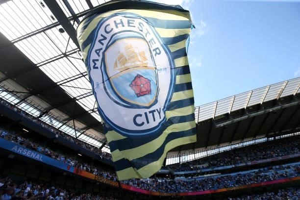 Detailed view of a Manchester City flag inside of the stadium during the Premier League match between Manchester City and Arsenal at Etihad Stadium...